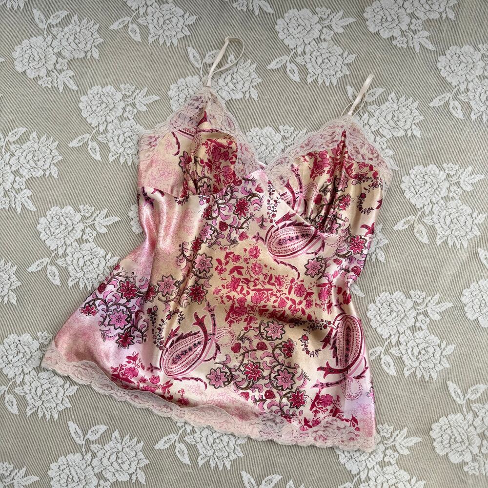 Y2K Pink Satin Floral Lace Cami Top Size M
